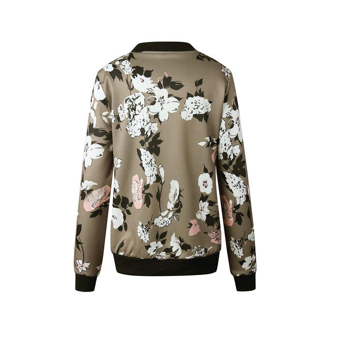 Beakey Women's Fashion Zip Up Casual Jacket Coat Short Outwear Flower Printing Tops-Army Green-8795