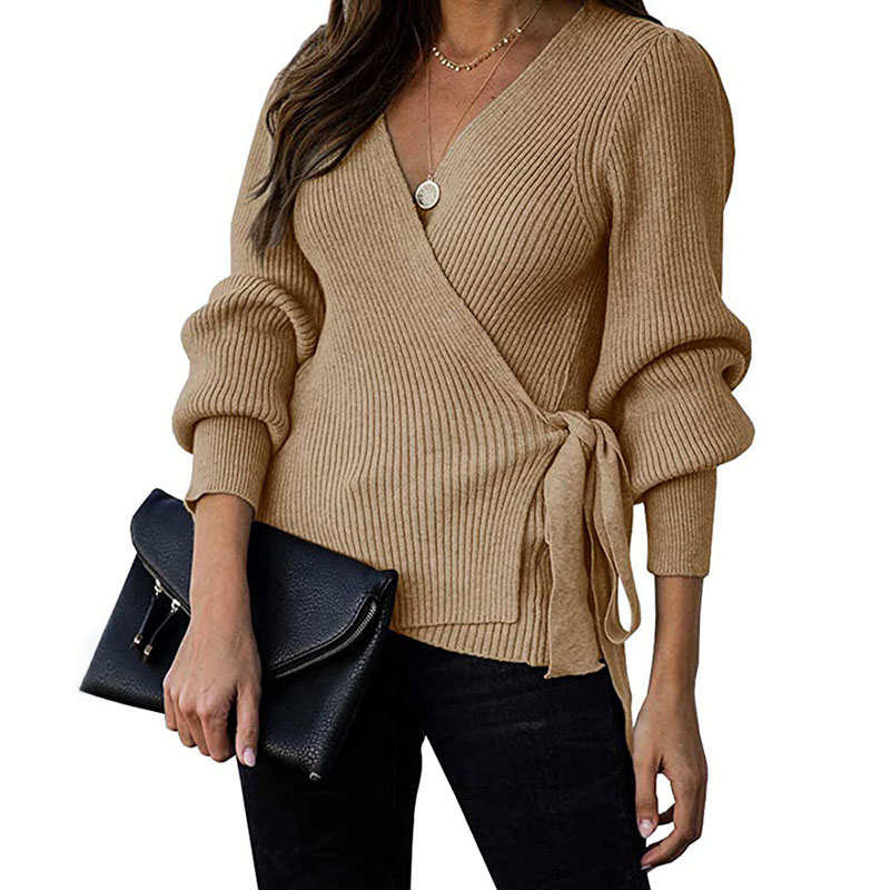 Beakey Womens Sexy V Neck Oversized Sweater Balloon Sleeve Knit Pullover-Khaki