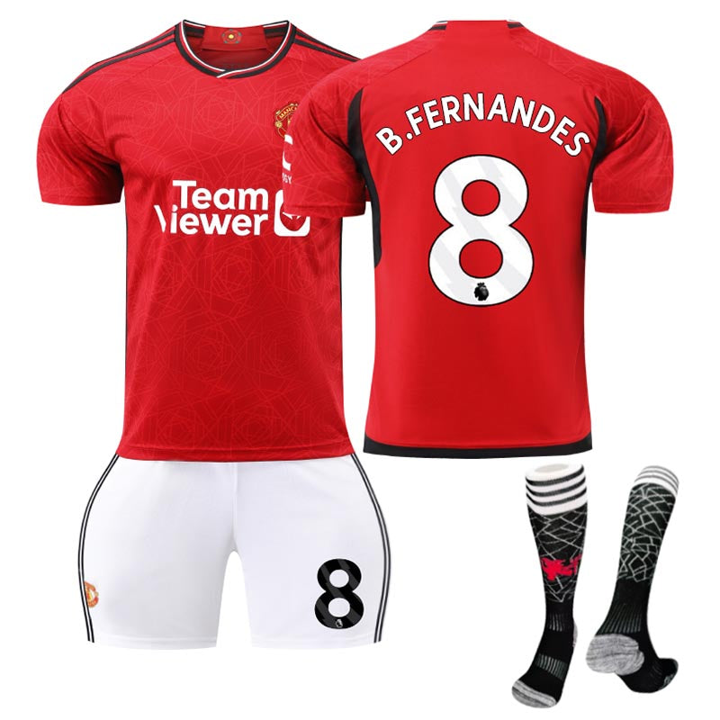 Beakey Red Devil Man Utd Home Jersey B.FERNANDES #8 Soccer Jersey Kids Adult 3Pcs Jersey Kits