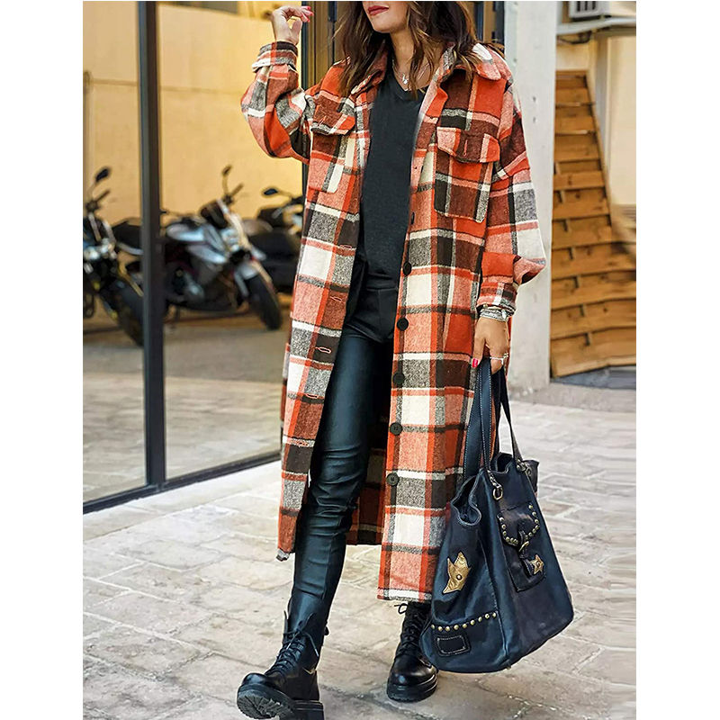Beakey Womens Casual Plaid Long Coat Lapel Button Down Shirts Jacket-Orange Red