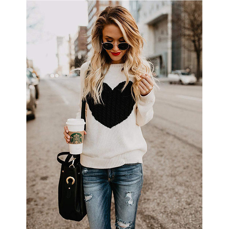 Beakey Women's Long Sleeve Pullover Sweater CrewNeck Cute Heart Knit Sweater-Beige