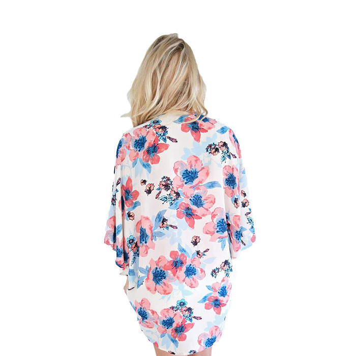 Beakey Women's Summer Floral Print Kimonos Loose Half Sleeve Chiffon Cardigan Blouses Casual Cover Up - Pink Blue