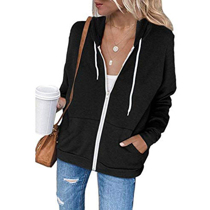 Beakey Womens Solid Color Zip Up Hoodie Long Sleeve Casual Sweatshirts Coat-Black-7052