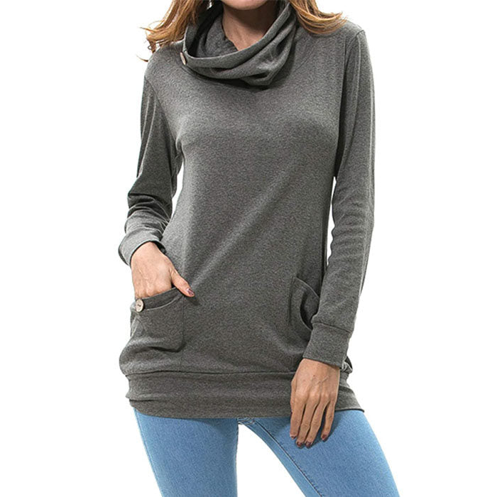 Beakey Womens Long Sleeve Buttons High Neck Casual Sweatshirts Tunic Tops With Pockets-Gray-T4554