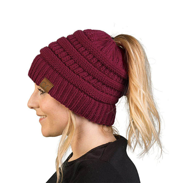 Beakey Soft Stretch Cable Knit Hat Ponytail Beanie Winter Hat For Women-Maroon