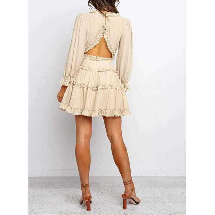Beakey Womens Spring Summer Deep V Neck Ruffle Long Sleeve Mini Dress-Beige-221766