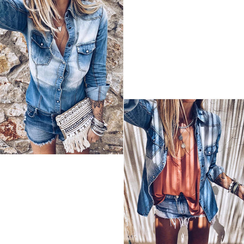Beakey Womens Denim Shirt Distressed Long Sleeve Retro Tunic Tops
