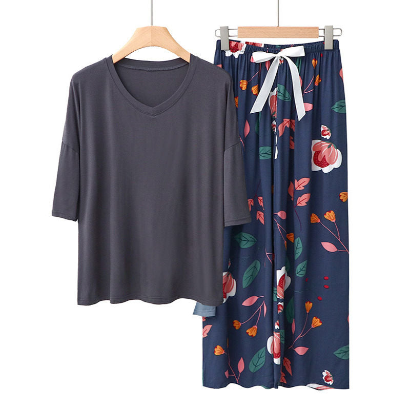 Beakey Womens Pajama Set Print Sleepwear Soft V-Neck Short Sleeve Top With Pants-15