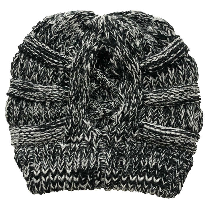Beakey Soft Stretch Cable Knit Hat Ponytail Beanie Winter Hat For Women-Black Flower