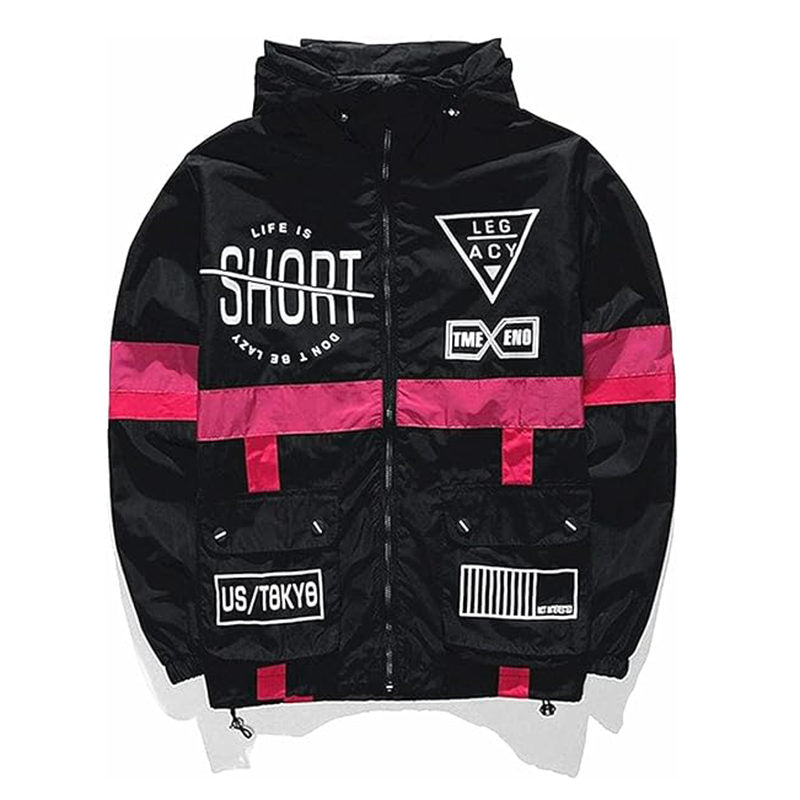 Beakey Lightweight Windbreaker for Men Hip Hop Hooded Zip Up Jacket-Black