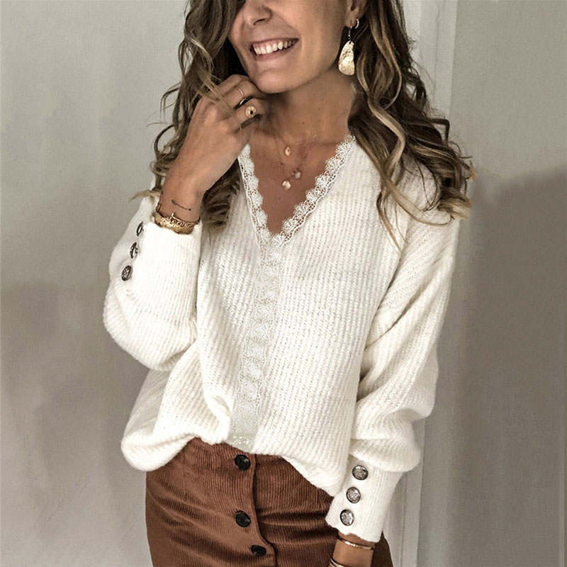 Beakey Womens Pullover Sweater Lace V Neck Long Sleeve Button Top-White