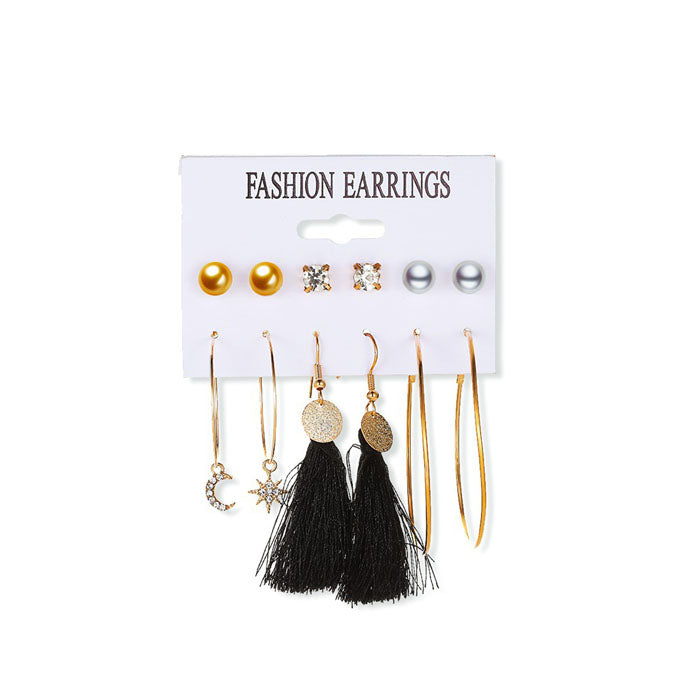 Beakey 6 Pairs Fashion Earrings Set with Tassel Dangle Hoop Earrings Colorful Statement Earrings Studs-(Style 3)