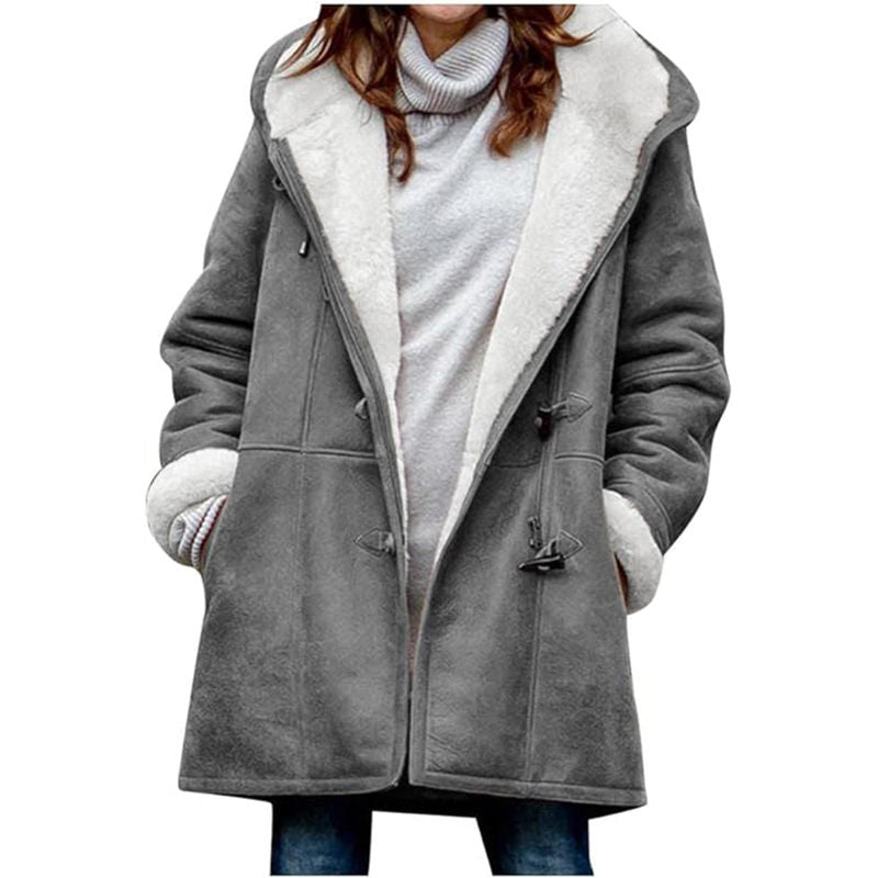 Beakey Fleece Jackets for Women Horn Button Winter Hooded Outwear-Grey