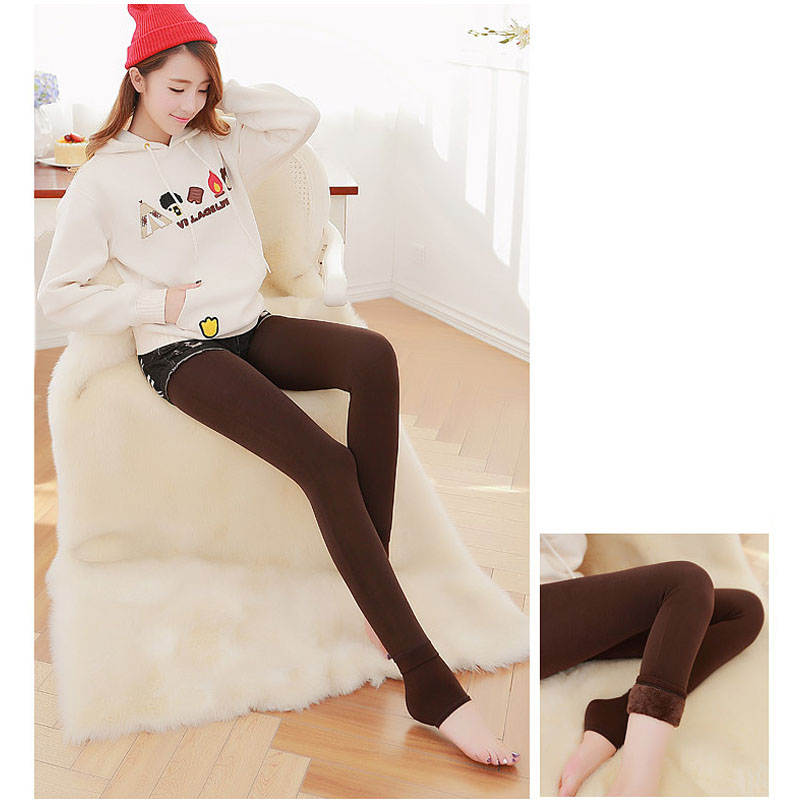Beakey Winter Warm Fleece Lined Elastic Leggings Pants for Women-Brown