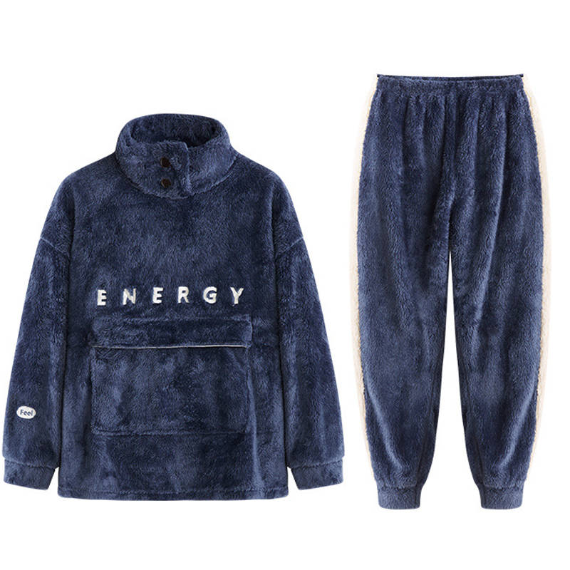 Beakey Thickening Coral Fleece Pajamas Set for Women-NavyBlue