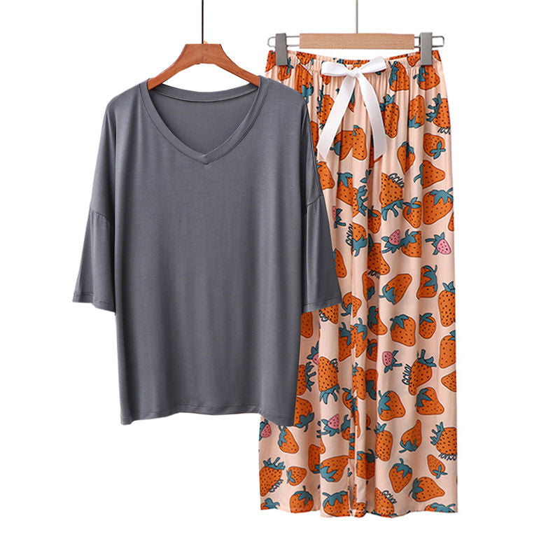 Beakey Womens Pajama Set Print Sleepwear Soft V-Neck Short Sleeve Top With Pants-18