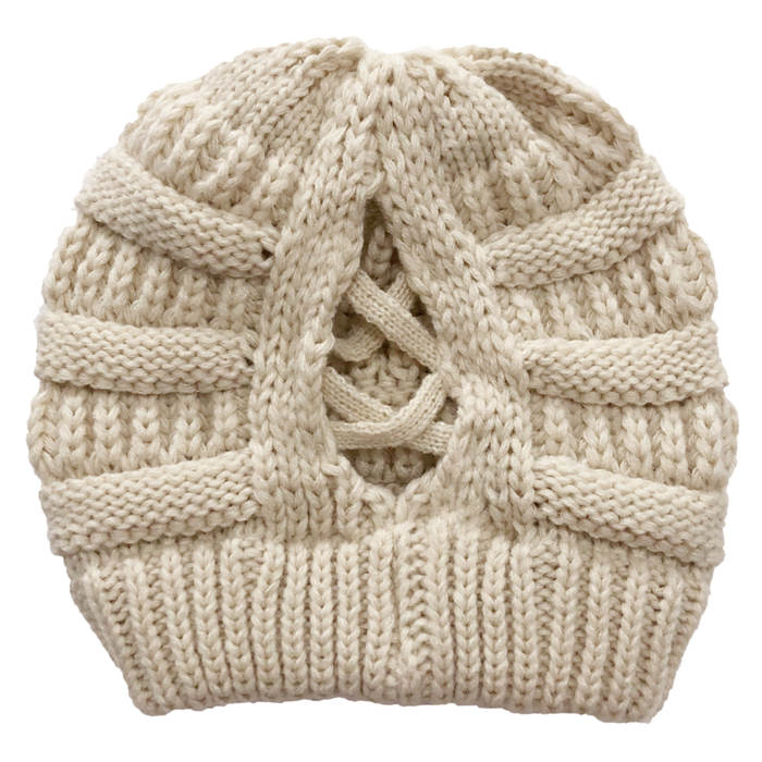 Beakey Soft Stretch Cable Knit Hat Ponytail Beanie Winter Hat For Women-Beige