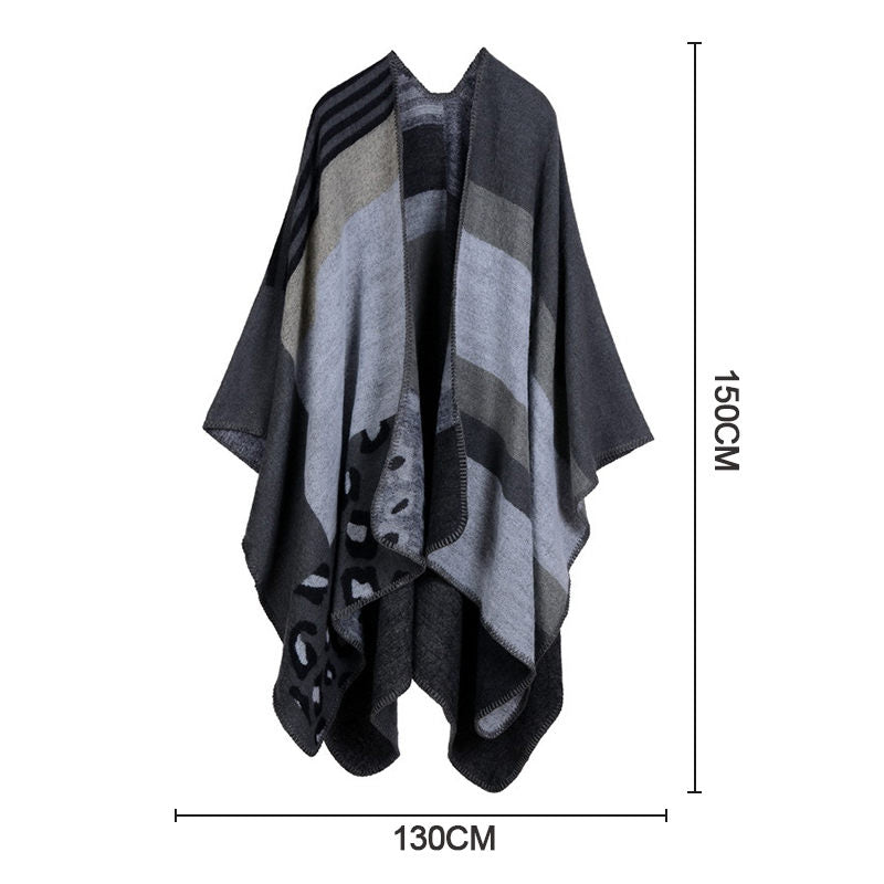 Beakey Womens Winter Reversible Oversized Blanket Cape Shawl-Leopard Black