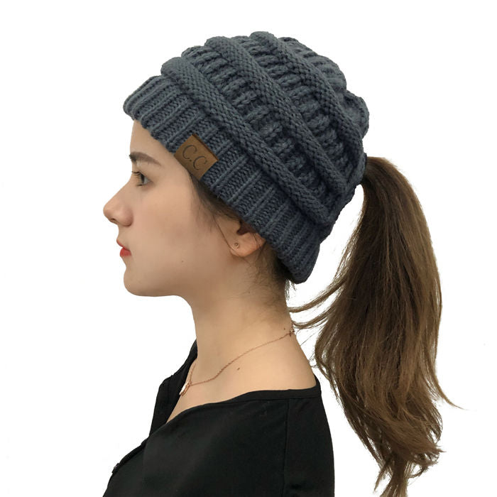 Beakey Soft Stretch Cable Knit Hat Ponytail Beanie Winter Hat For Women-Dark Gray