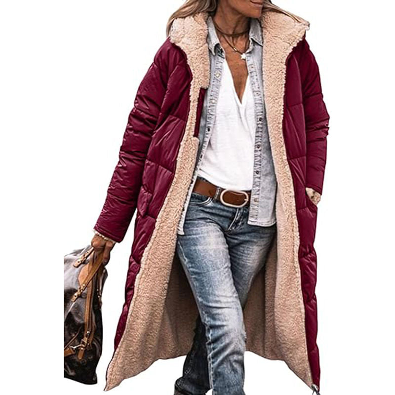 Beakey Womens Long Coats with Hood Fleece Lining Oversized Jackets-Wine Red