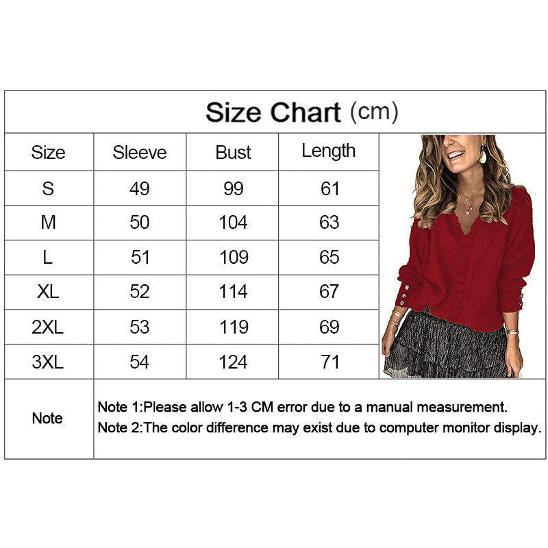 Beakey Womens Pullover Sweater Lace V Neck Long Sleeve Button Top-Red Wine