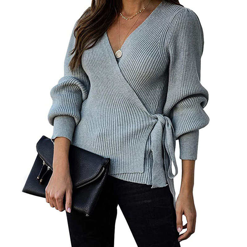Beakey Womens Sexy V Neck Oversized Sweater Balloon Sleeve Knit Pullover-Grey