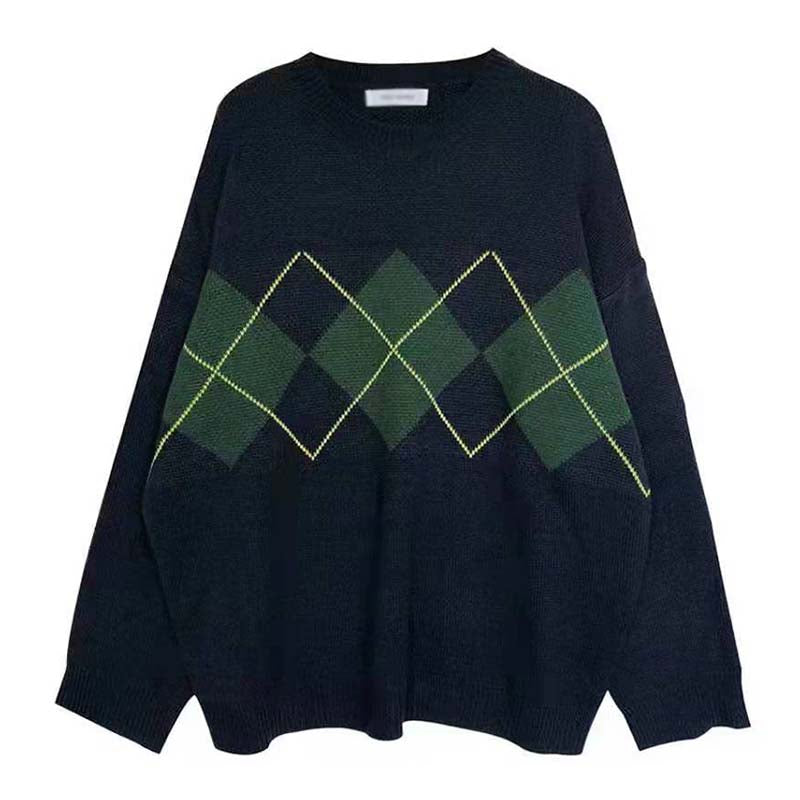 Beakey Women Plaid Sweater Preppy Style Vintage Pullover-Navy Blue