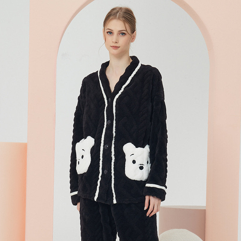 Beakey Womens V Neck Buttons Cardigan Pajamas Set-White Bear