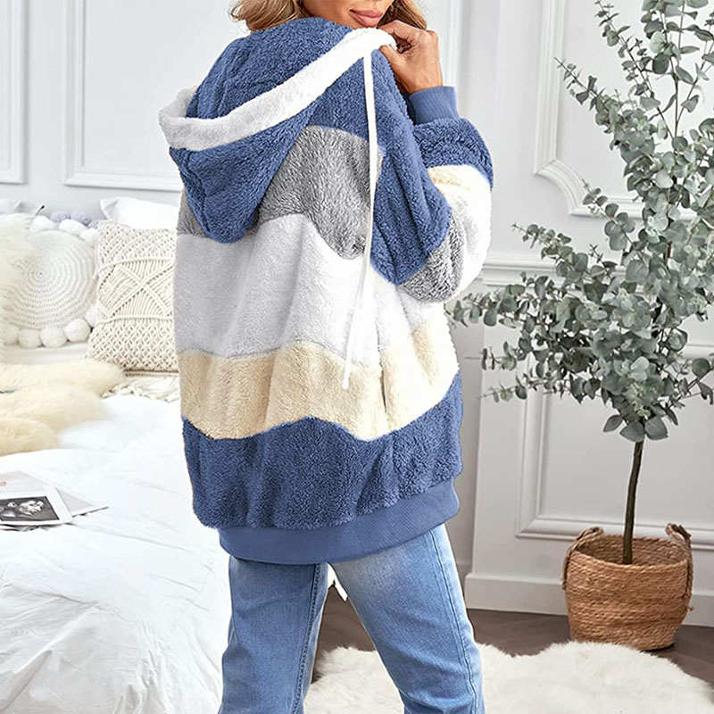 Beakey Womens Warm Plush Hooded Cardigan Full Zip Colorblock Jacket-Blue
