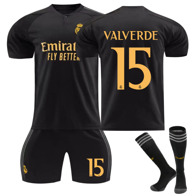 Beakey Real Madrid Second Away Jersey VALVERDE #15 Soccer Jersey Kids Adult 3Pcs Jersey Kits