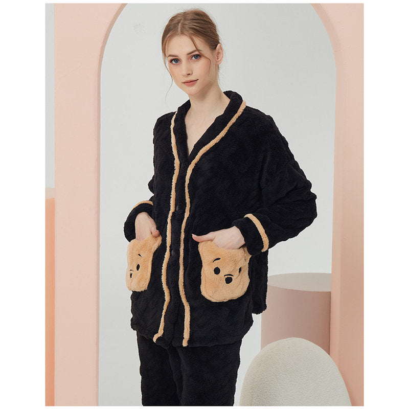 Beakey Womens V Neck Buttons Cardigan Pajamas Set-Yellow Bear