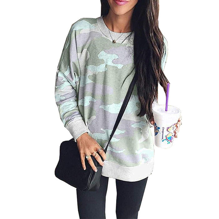 Beakey Womens Sweatshirts Camo Print Crew Neck Long Sleeve Casual TopsLight Green-202024