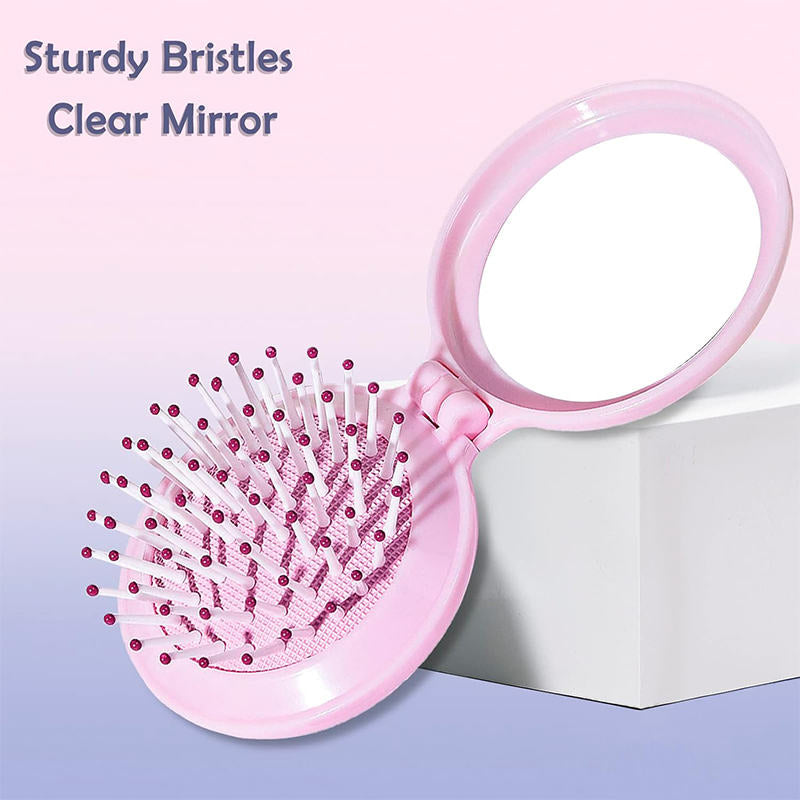 Beakey Mini Hair Brush for Purse Portable Pocket Hair Brush with Mirror for Girls Travel Size-Pink