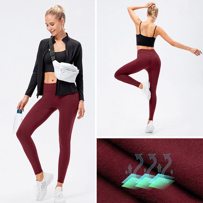 Beakey Womens Fleece Leggings with Pockets Tummy Control Thermal Yoga Pants-Red