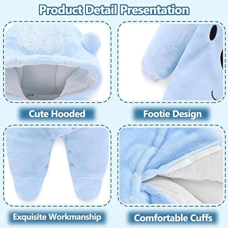 Beakey Cute Bear Hooded Snowsuit for Baby Button Footie Fleece Jumpsuit-Blue