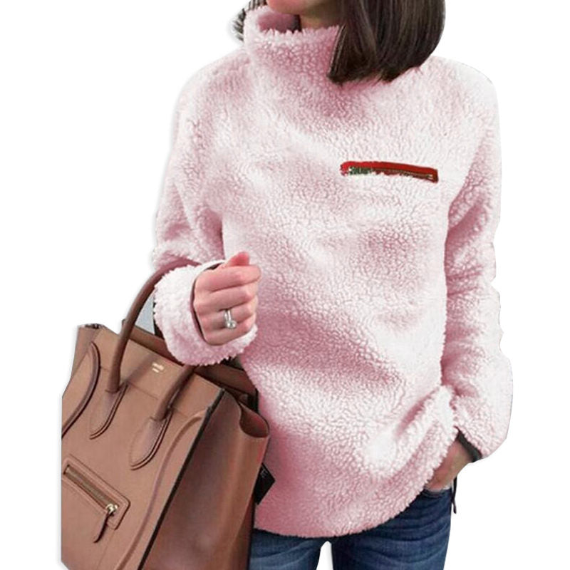 Beakey Womens Turtleneck Sweatshirt Winter Faux Fuzzy Sherpa Pullover-Pink
