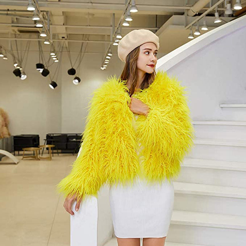 Beakey Womens Shaggy Faux Fur Outwear Short Thermal Coat-Yellow