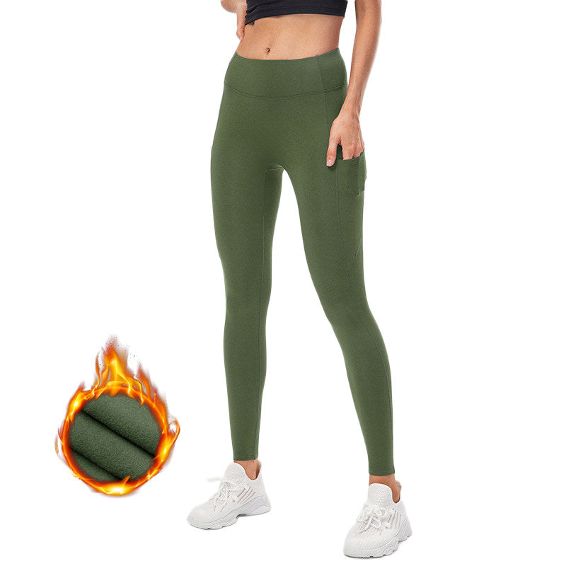 Beakey Womens Fleece Leggings with Pockets Tummy Control Thermal Yoga Pants-Green