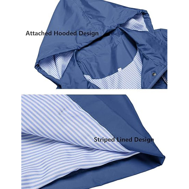 Beakey Rain Jacket for Women Striped Lined Hooded Lightweight Windbreaker-Denim Blue