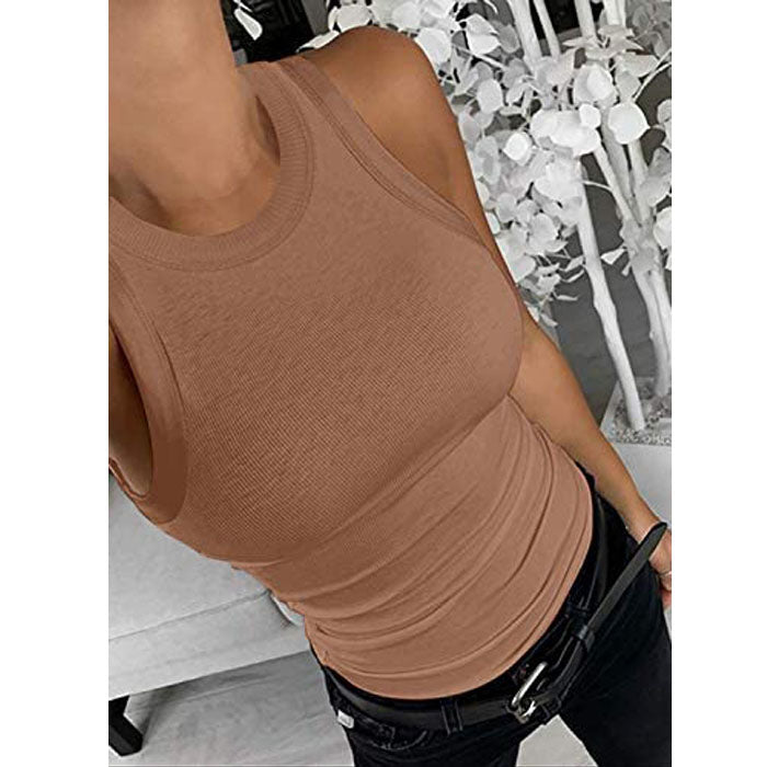 Beakey Women Tank Tops Summer Sleeveless Cami Slim Knit Ribbed Racerback Blouses-Brown-7123