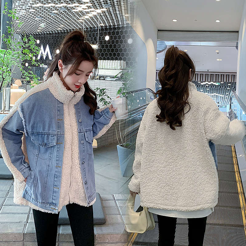 Beakey Womens Denim Jacket Sherpa Patchwork Oversized Winter Warm Coat