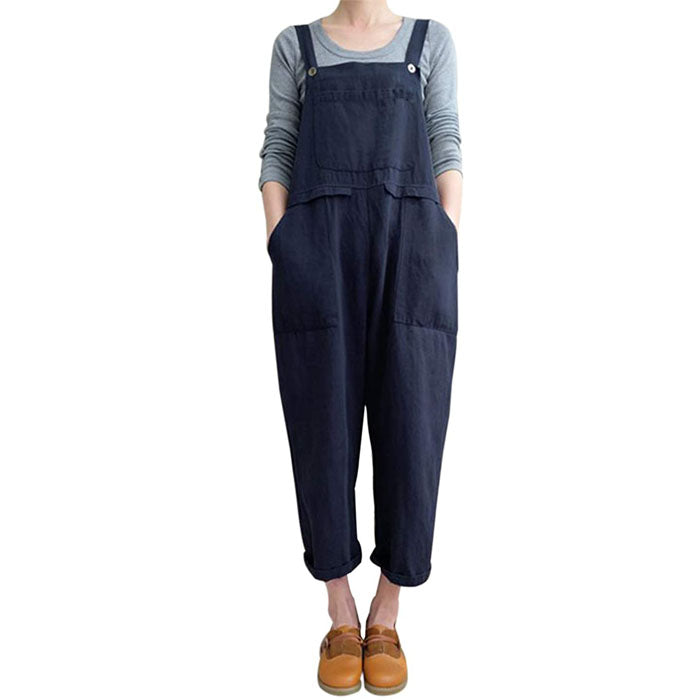 Beakey Women's Casual Baggy Cotton Linen Jumpsuit Overalls With Pockets-Blue-5859
