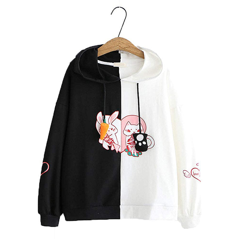 Beakey Womens Cute Hoodie Cat Rabbit Patchwork Pullover-BlackWhite