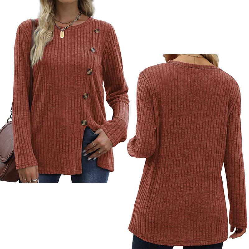 Beakey Long Sleeve Tops for Women Button Decor Loose Tunic Blouse-Caramel