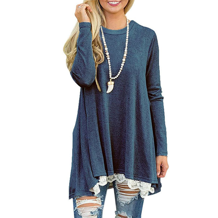 Beakey Women's Crew Neck Long Sleeve Lace Splicing Shirt Long Tunic Blouses-Blue-1228