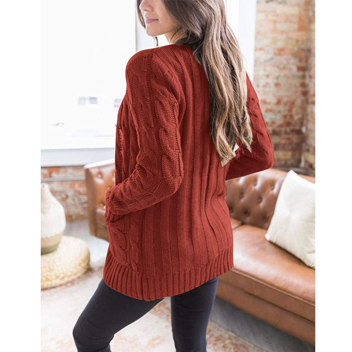 Beakey Women's Winter Keep Warm Long Sleeve Knit Sweater Cardigan Button Loose Outerwear-Brick Red-YL220187