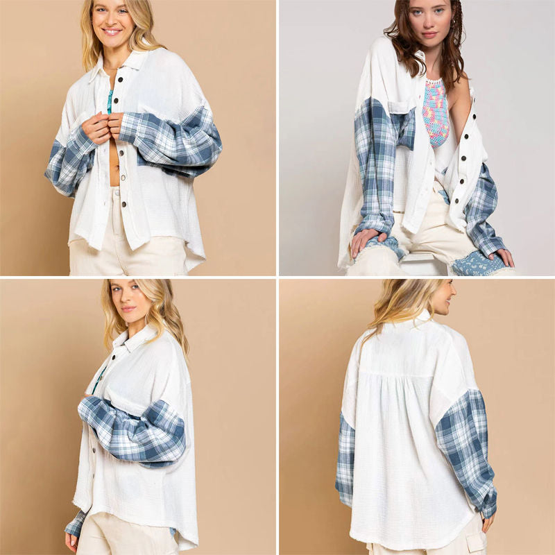 Beakey Womens Plaid Shirt Patchwork Long Sleeve Oversized Blouse for Fall