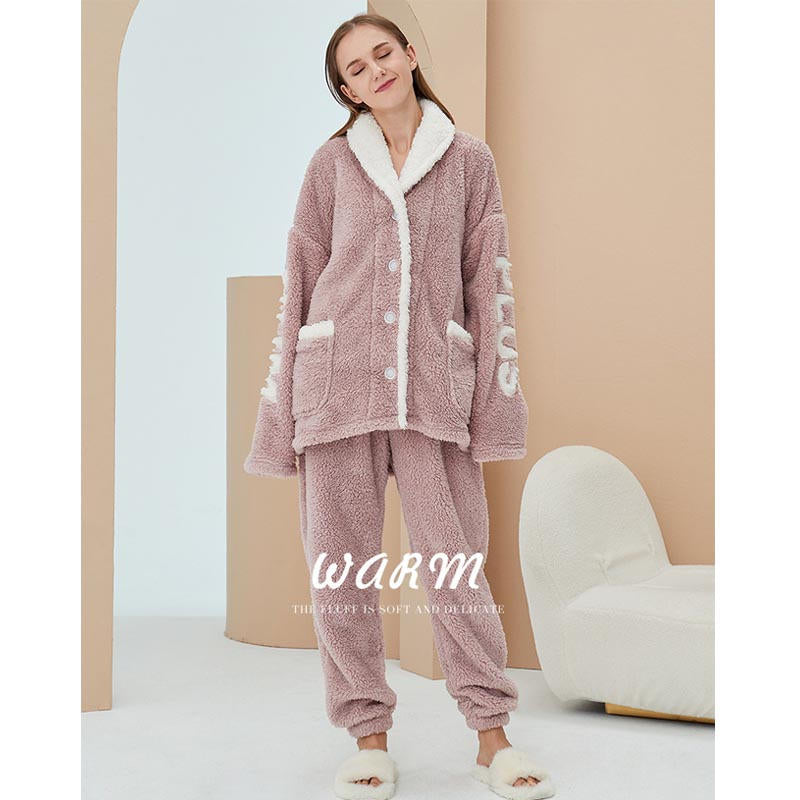 Beakey Womens Winter Fleece Pajamas Set Warm Loungewear-Pink