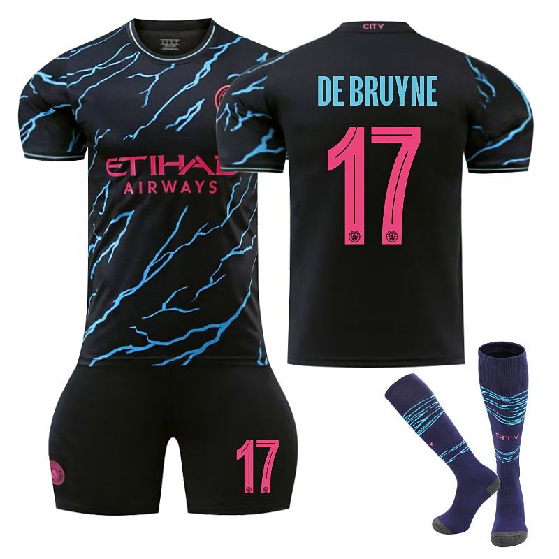 Beakey Manchester City Second Away UEFA Jersey DE BRUYNE #17 Soccer Jersey Kids Adult 3Pcs Jersey Kits