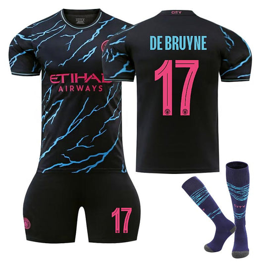 Beakey Manchester City Second Away UEFA Jersey DE BRUYNE #17 Soccer Jersey Kids Adult 3Pcs Jersey Kits